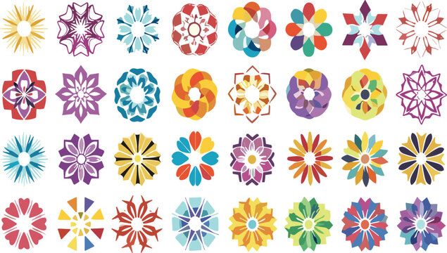 Colorful geometric floral rosette shapes flat vector collection decorative abstract pattern icons set vibrant design
