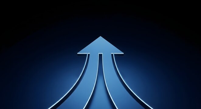 Abstract blue 3D merging arrows symbolizing growth, success, unity, and upward trend on a dark background.