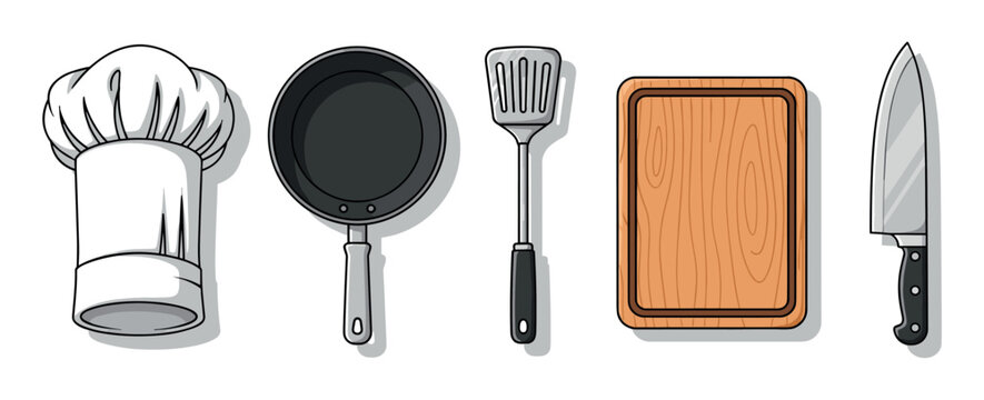 Collection of cartoon cooking equipment icons including a chef hat, frying pan, spatula, cutting board, and knife arranged in a row for culinary or restaurant themes