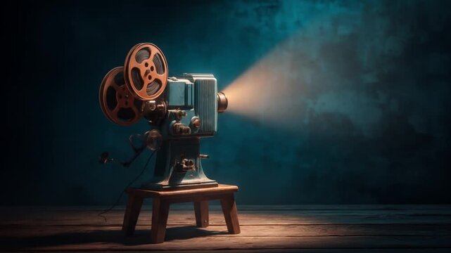 Vintage movie projector casting a dramatic light beam onto a dark, textured background, evoking classic cinema and nostalgic entertainment.