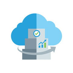 Blue cloud with stacked boxes graph and checkmark cloud computing data storage analytics chart