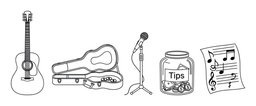 Set of black and white line art icons for a street musician including an acoustic guitar, open case, microphone, tip jar with money, and sheet music in a simple doodle style