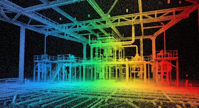 Colorful industrial building point cloud data visualization. 3D laser scan of factory environment for engineering, architecture, and construction.