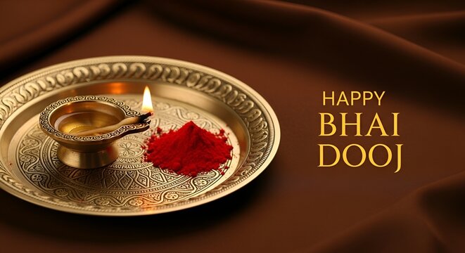 Bhai Dooj Thali Macro. Brass Plate with Roli and Diya. Greeting Header
