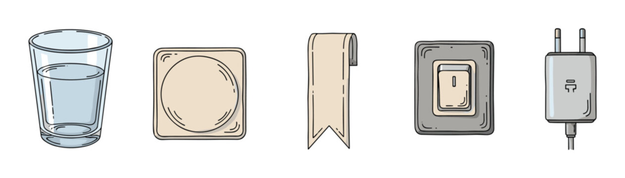 Set of five hand-drawn household objects including a glass of water, dimmer, bookmark, light switch, and charger plug in a simple doodle cartoon vector illustration style