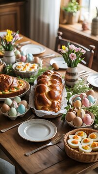 Traditional Easter food spread, bread, chocolate eggs, festive table, family celebration mood, natural daylight, realistic photography, copy space, advertising layout