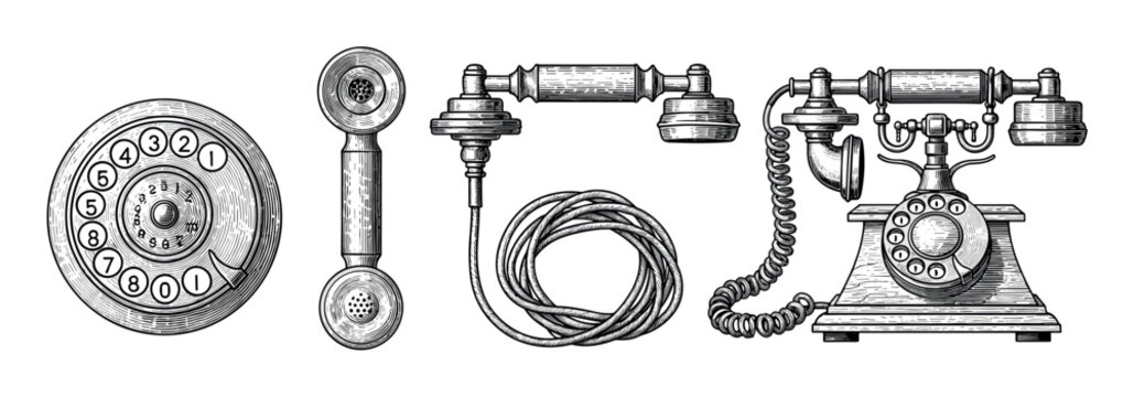 Set of vintage rotary telephone illustrations showing a classic candlestick phone, separate handset, dial, and coiled cord in a detailed black and white engraving style