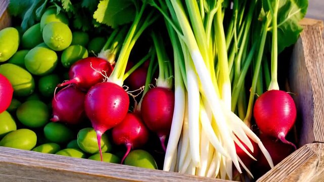 Panning shot of rustic wooden crate filled with spring radishes and green peas