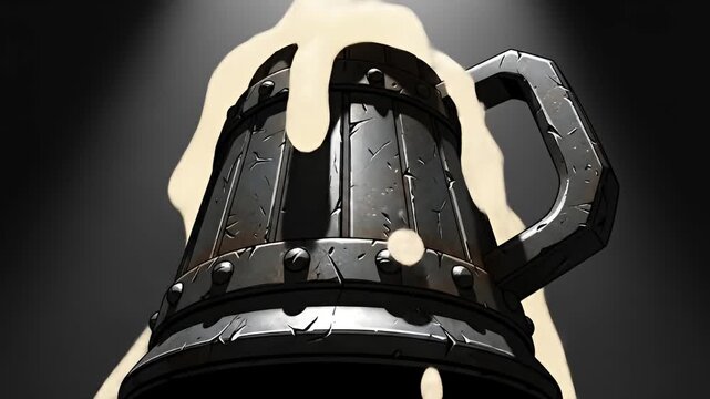 Cartoon-style metal beer stein, overflowing, against a dark, gradient background