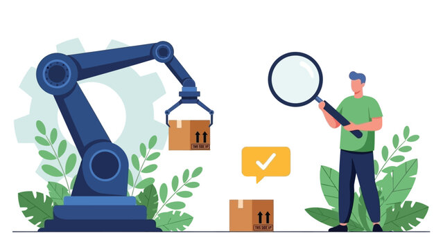 Illustration of a robotic arm lifting a package with arrows, symbolizing automation. Nearby, a person with a magnifying glass and a check mark convey inspection and approval.
