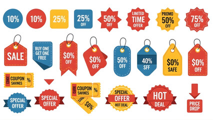 Collection of colorful discount and sale tags