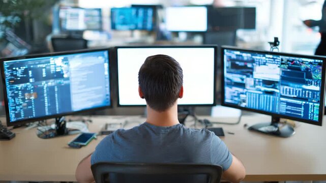 IT Specialist Working at Multi Monitor Setup Data Analysis and Technology Workspace