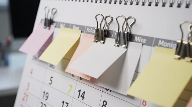 A close-up view of a calendar with colorful sticky notes held by metal binder clips