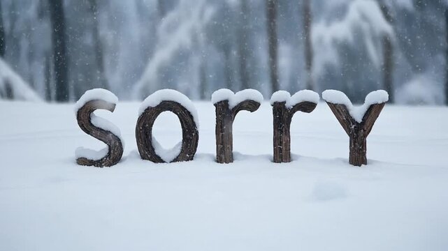 Slow motion 4k video footage of wooden sorry sign in snow winter outdoor apology concept cinematic clip