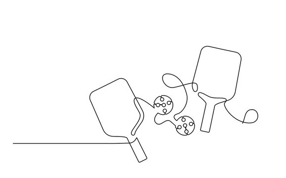 Video with Continuous line drawing illustration of pickleball rackets and balls. Animation of Linear hand drawn minimalistic art.