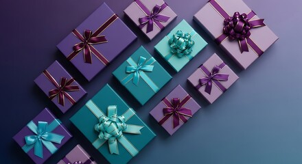 Arrangement of gift boxes with colorful ribbons in teal and purple, presented on a smooth gradient background