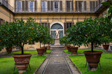 Obraz premium The courtyard garden of Palazzo Medici Riccardi in Florence, with sculptures and planted mandarin trees. Renaissance residence of the Medici family. Florence,Italy 04.01.2026 