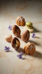 Obraz premium Easter food concept, chocolate eggs, traditional Easter sweets, elegant composition, warm tones, high-end food styling, professional studio photography, mockup ready
