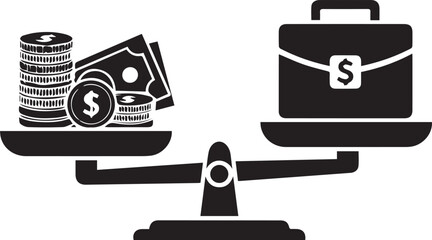 Justice scales balancing money and briefcase vector silhouette illustration line art concept