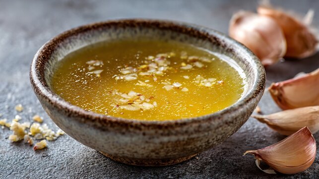 Shallot vinaigrette with finely chopped shallots visible, served in rustic ceramic bowl, muted gray background, natural diffused light