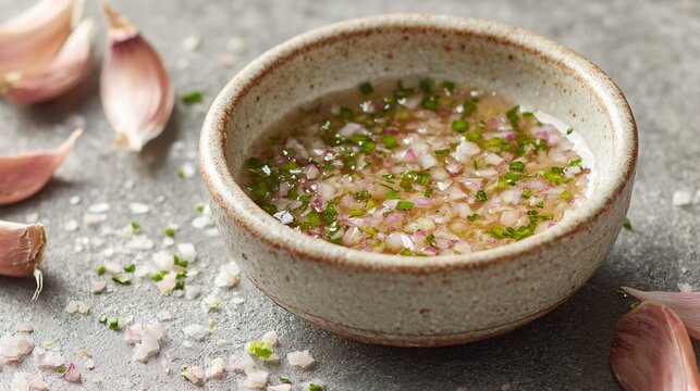 Shallot vinaigrette with finely chopped shallots visible, served in rustic ceramic bowl, muted gray background, natural diffused light