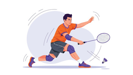 Illustration of a male badminton player in motion, wearing an orange shirt and knee pads, swinging a racket to hit a shuttlecock. Dynamic and energetic. © Risje Kfhe