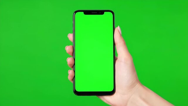 Hand holding smartphone with green screen for customizable content display