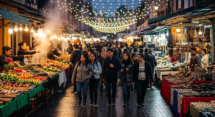 Naklejka premium Lively outdoor market at night featuring crowds and merchandise stalls with bright illumination