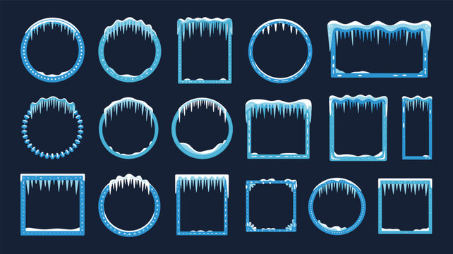 Decorative winter ice frames with icicles and snowflakes border set vector art