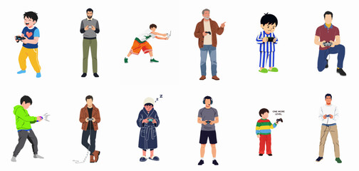 Diverse Group of Male Gamers Playing Video Games: Collection of Boys, Men, and Seniors Using Controllers, Isolated Illustrations on White Background.