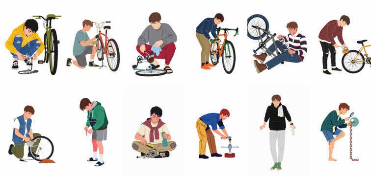 Collection of vector illustrations depicting young men performing various bike maintenance tasks, including fixing chains, cleaning parts, and repair work.