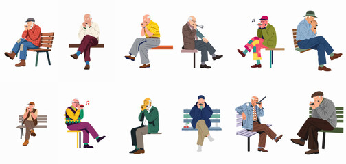 Fototapeta premium Collection of senior men playing harmonicas and small wind instruments while relaxing on park benches.
