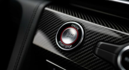 Close-up of a modern car's carbon fiber interior with a red-ringed engine start/stop button.