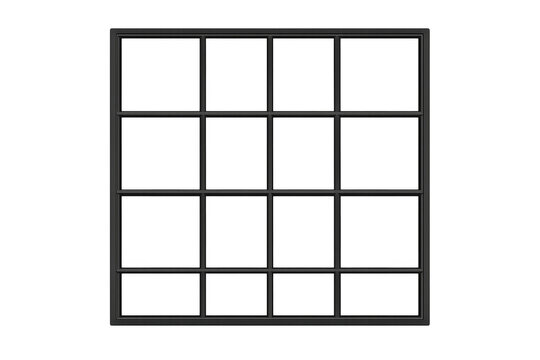 Black metal industrial style window frame on transparent background