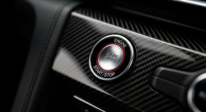 Close-up of a modern car's carbon fiber interior with a red-ringed engine start/stop button.