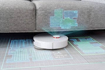 Smart robot vacuum with AR interface under sofa