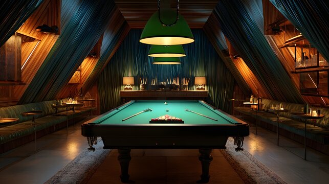 Stylish indoor pool table room with starry ceiling high resolution photo