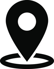 A black map pin icon on a circular base symbolizing location and navigation
