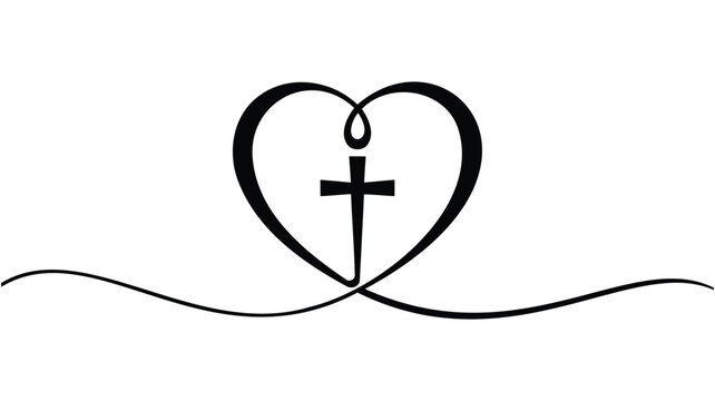 Black Christian cross inside a heart shape with flowing lines