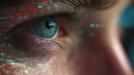 A close-up of a man's eye with digital code overlay effects