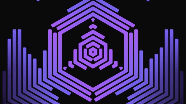 Abstract geometric hexagonal pattern in vibrant purple gradient, showcasing concentric nested shapes and radiating lines on a dark background, digital art. Abstract