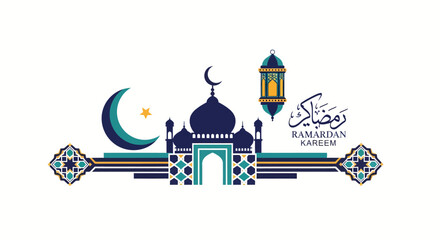Fototapeta premium Ramadan Kareem illustration with mosque, crescent moon, star, and lantern