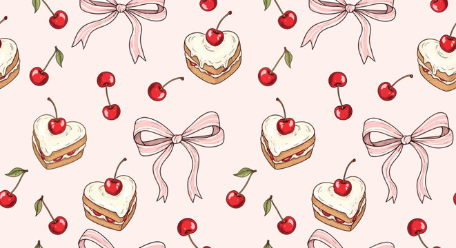 Heart-shaped cakes with white frosting and cherries on top with bows and cherries on a pink background