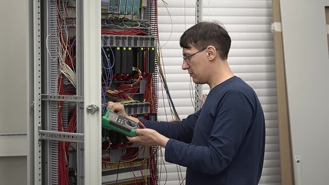 Electrical cabinet diagnostics. Using an ammeter. Engineer working in a workshop. Slow motion video. High quality 4k footage