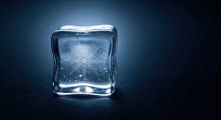 A single ice cube with a star-like pattern frozen inside, placed against a dark background with a soft glow.