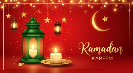 Ramadan Kareem Celebration with Lanterns and Crescent Moon