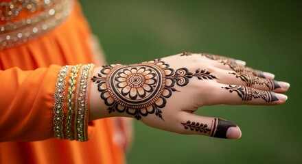 Indian bride mehndi hand design close up with gold bangles traditional henna art wedding
