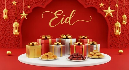 Eid Mubarak celebration with golden gift boxes and festive desserts on table