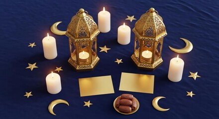 Ramadan lanterns candles crescent moon stars golden decoration blue background