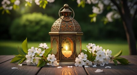 Antique lantern glowing warmly on wooden table with blooming white flowers in spring garden